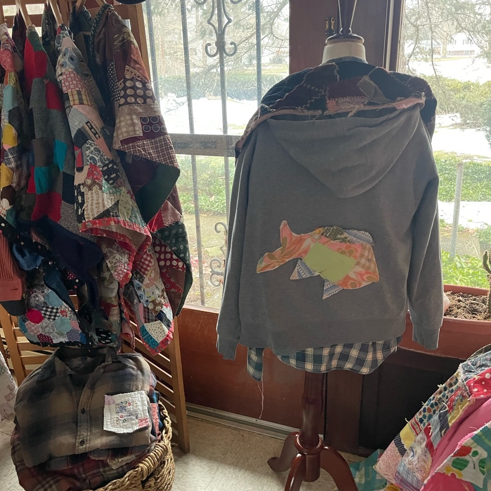 Gray Hoodie With Fish Patchwork Design - image 2